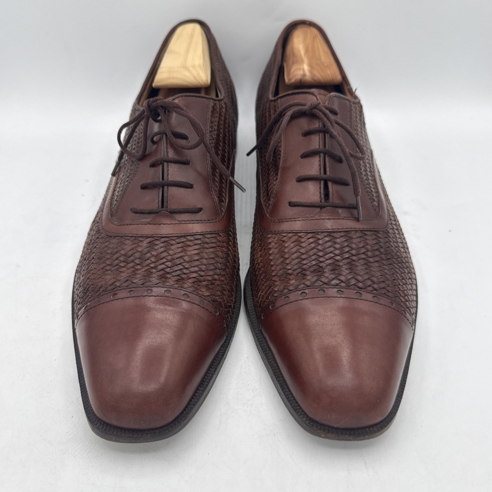 Salvatore Ferragamo Woven Leather Oxfords Mens 10.5 B Brown Cap Toe Shoes Italy